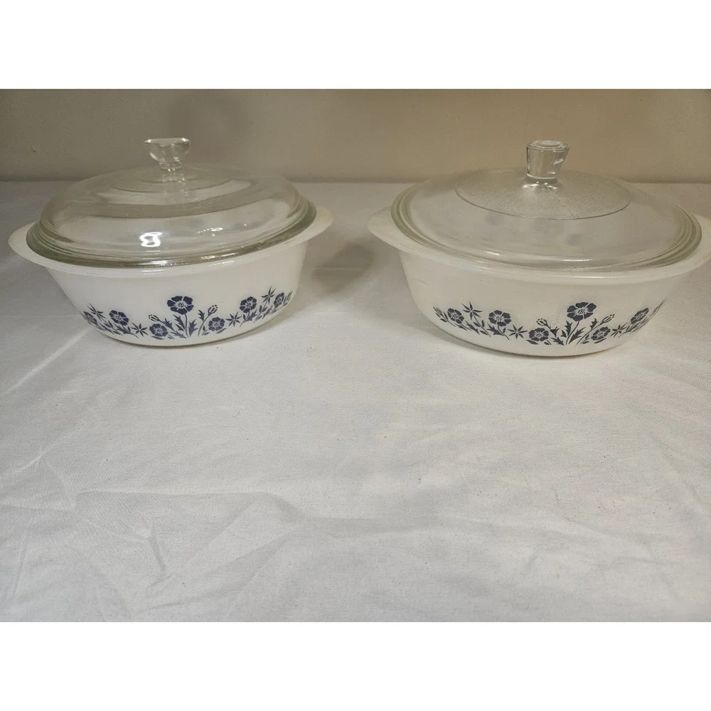 Vintage Fire King Cornflower Blue Milk Glass Casserole Dishes Set of 2 with Lids